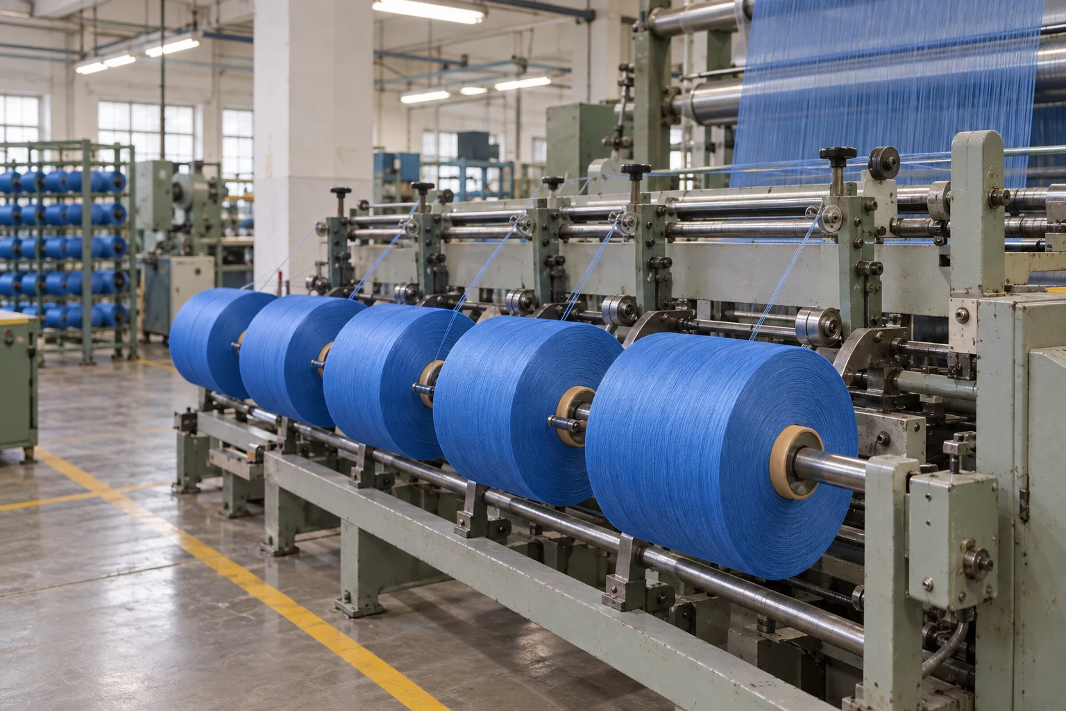 Blue yarn being produced on an industrial winding line