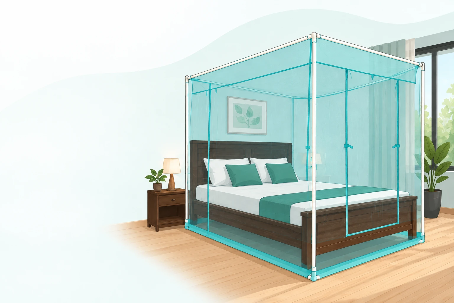 Ezy-Fix framed mosquito net installed around a fixed bed