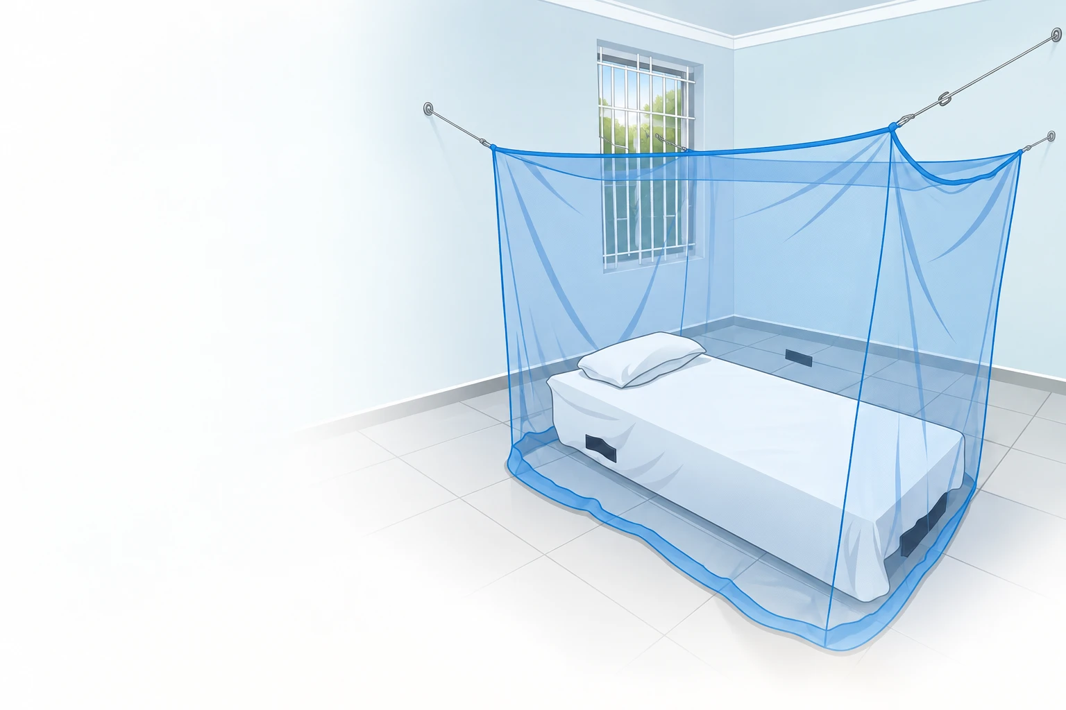 Blue 30-Second mosquito net installed around a floor mattress